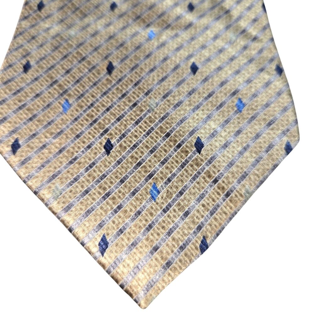 Barrington 100% Silk Tie Gold Silver StripesBlue Diamonds Necktie 3 3/4” x 60”